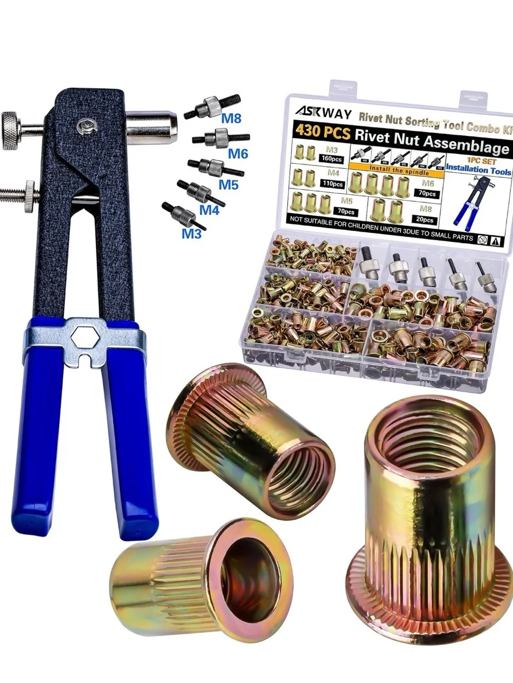 Rivet Nut & Hand Tool Combo Kit 430 Pcs 1 Pcs Rivet Nut Carbon Steel